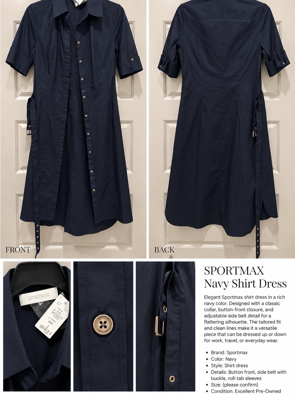 Sportmax Navy Button-Front Shirt Dress with Side Belt